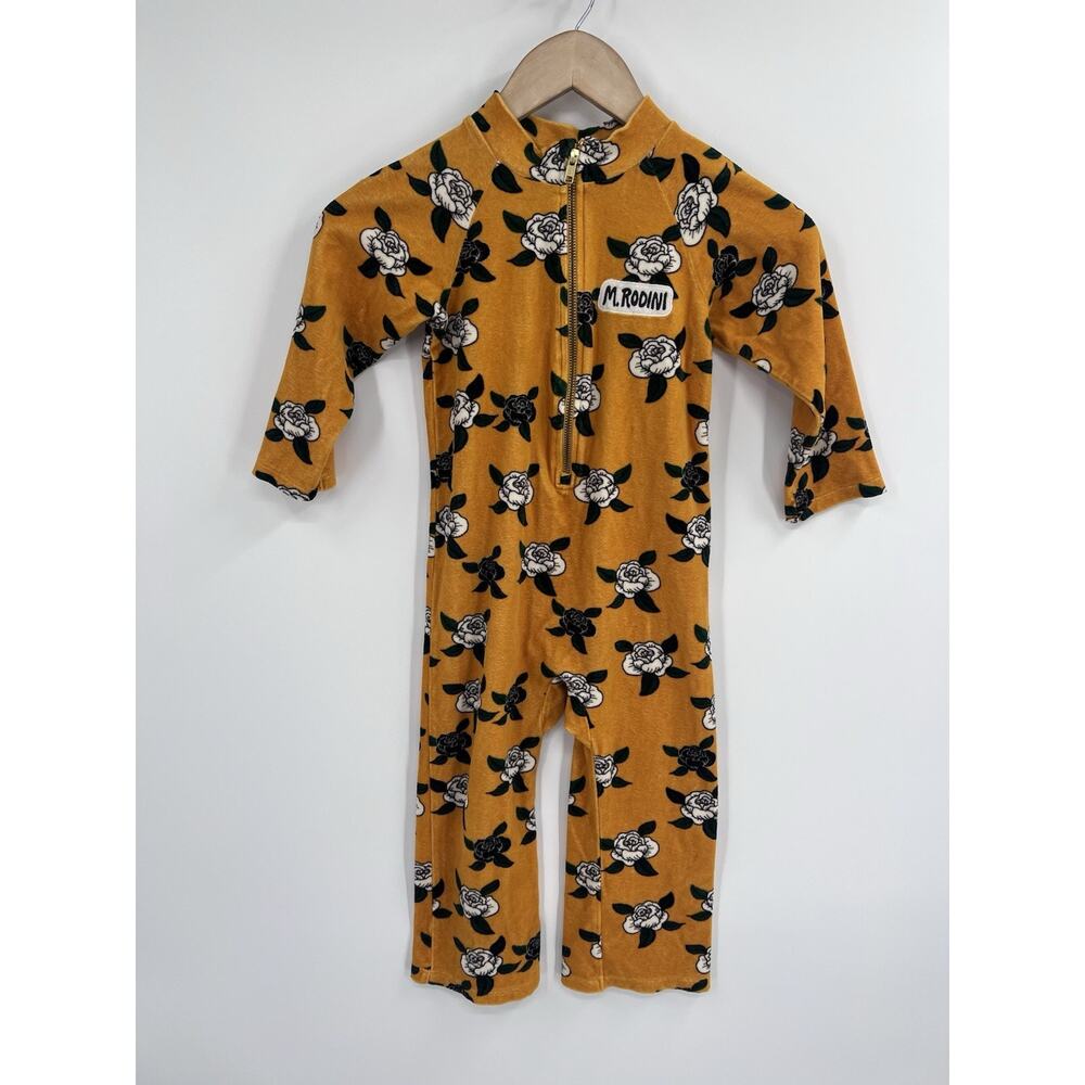 Mini Rodini Mustard Yellow Velour Floral Jumpsuit One Piece 4/5